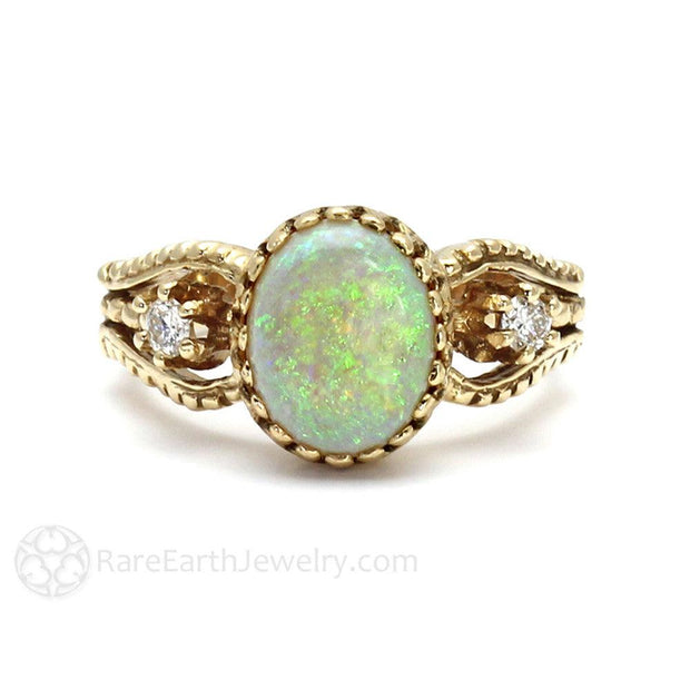 Vintage Opal Ring with Diamonds October Birthstone 14K Yellow Gold - Rare Earth Jewelry