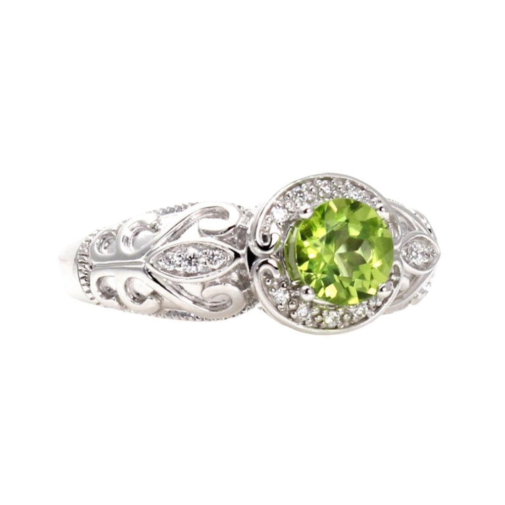 Vintage Style Peridot Engagement Ring, Art Deco Peridot Ring with Diamond Halo, Custom Gemstone Ring with August Birthstone, Rare Earth Jewelry