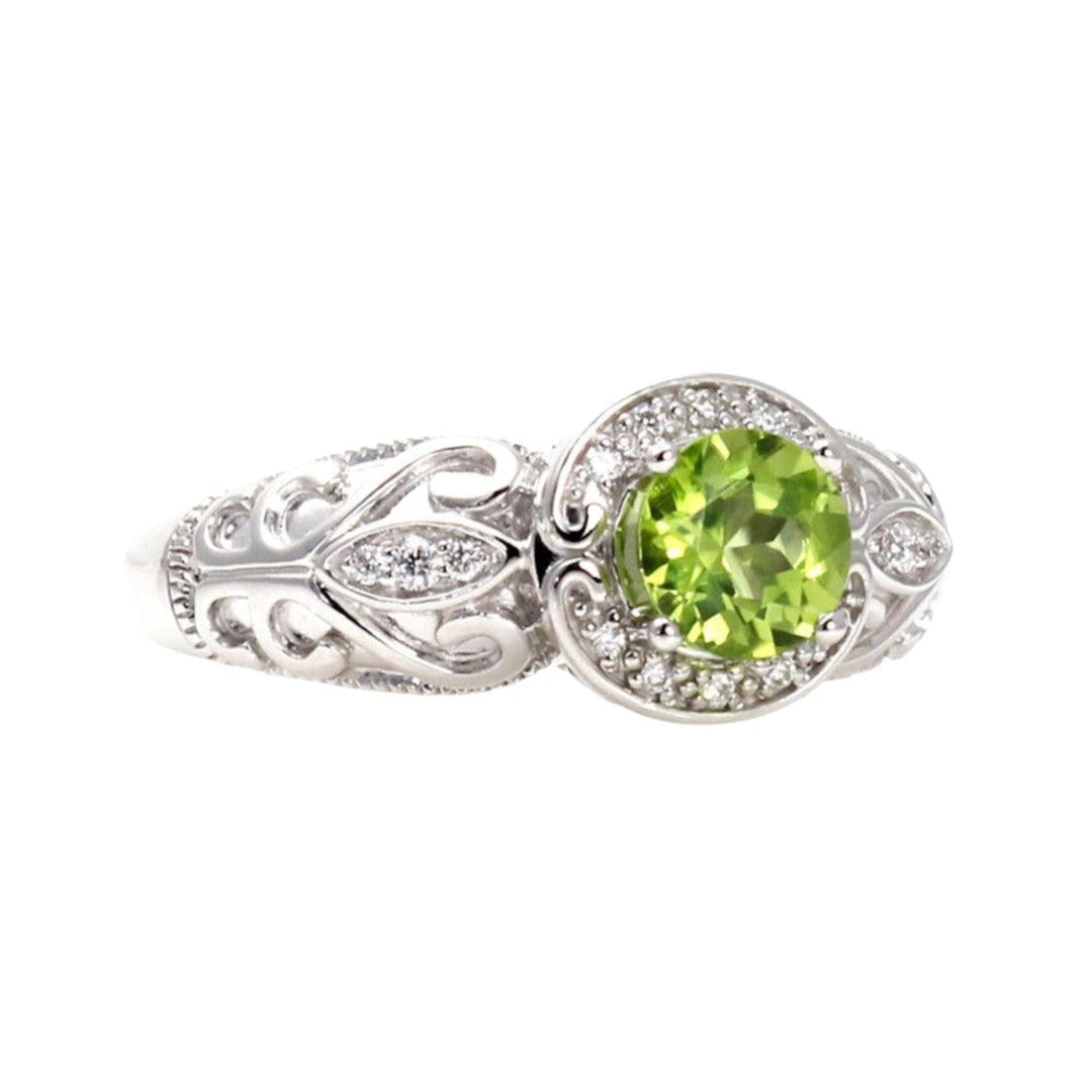 Vintage Style Peridot Engagement Ring, Art Deco Peridot Ring with Diamond Halo, Custom Gemstone Ring with August Birthstone, Rare Earth Jewelry