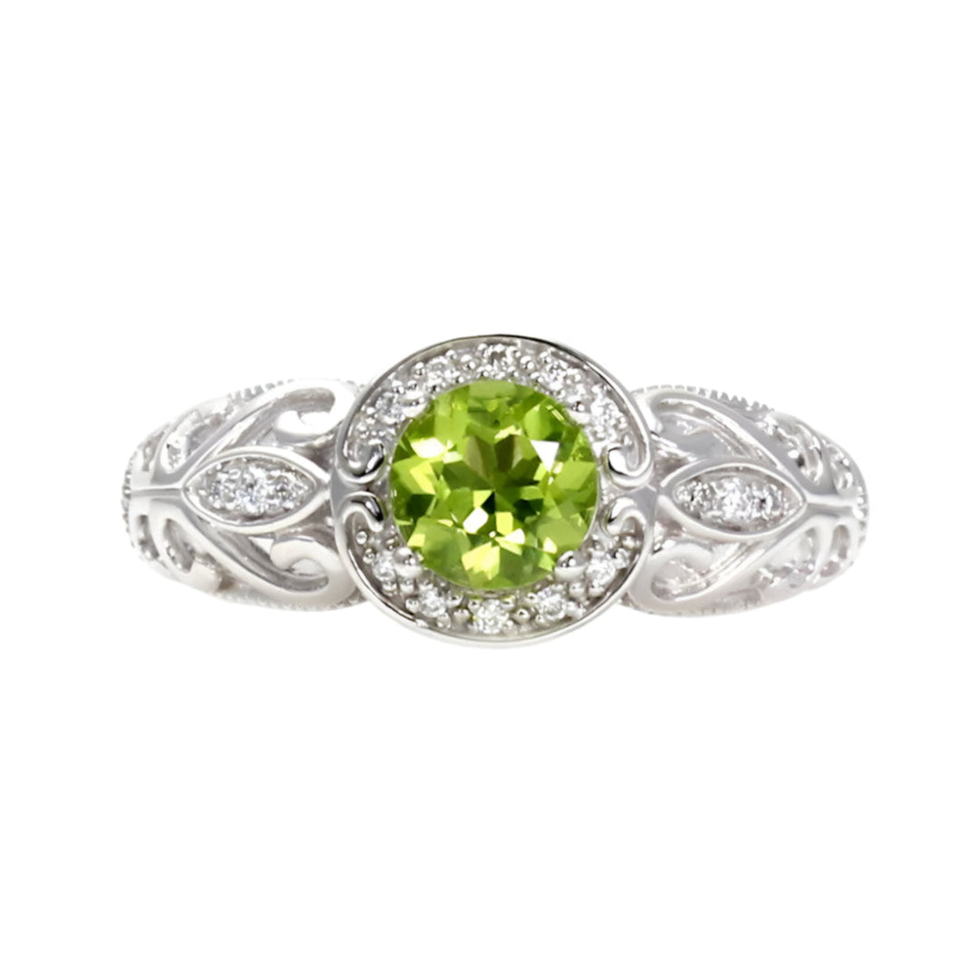Vintage Style Peridot Ring, Art Deco Style Engagement Ring with Diamond Halo, Natural Gemstone Ring with Green Stone | Rare Earth Jewelry