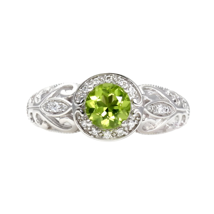 Vintage Style Peridot Ring, Art Deco Style Engagement Ring with Diamond Halo, Natural Gemstone Ring with Green Stone | Rare Earth Jewelry