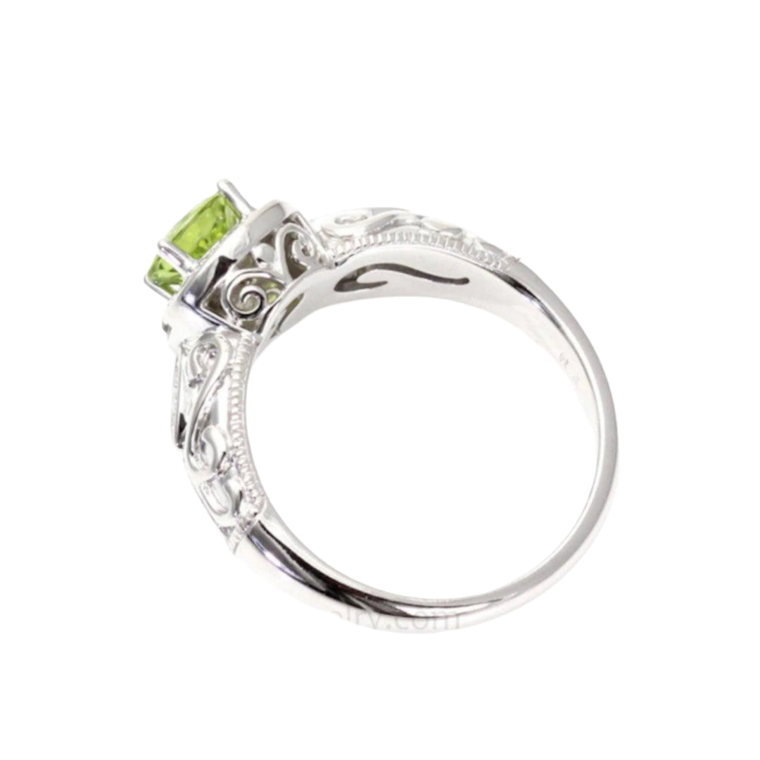 Profile View of Vintage Style Peridot Ring  showing Filigree Details on Gallery | Rare Earth Jewelry