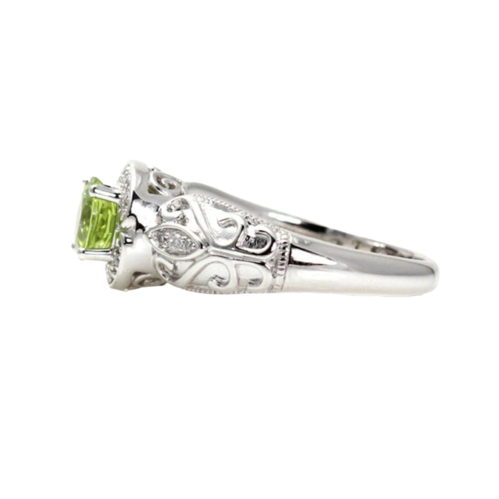 Side View Vintage Style Peridot Ring, Art Deco Design Engagement Ring with Filigree, August Birthstone Jewelry | Rare Earth Jewelry