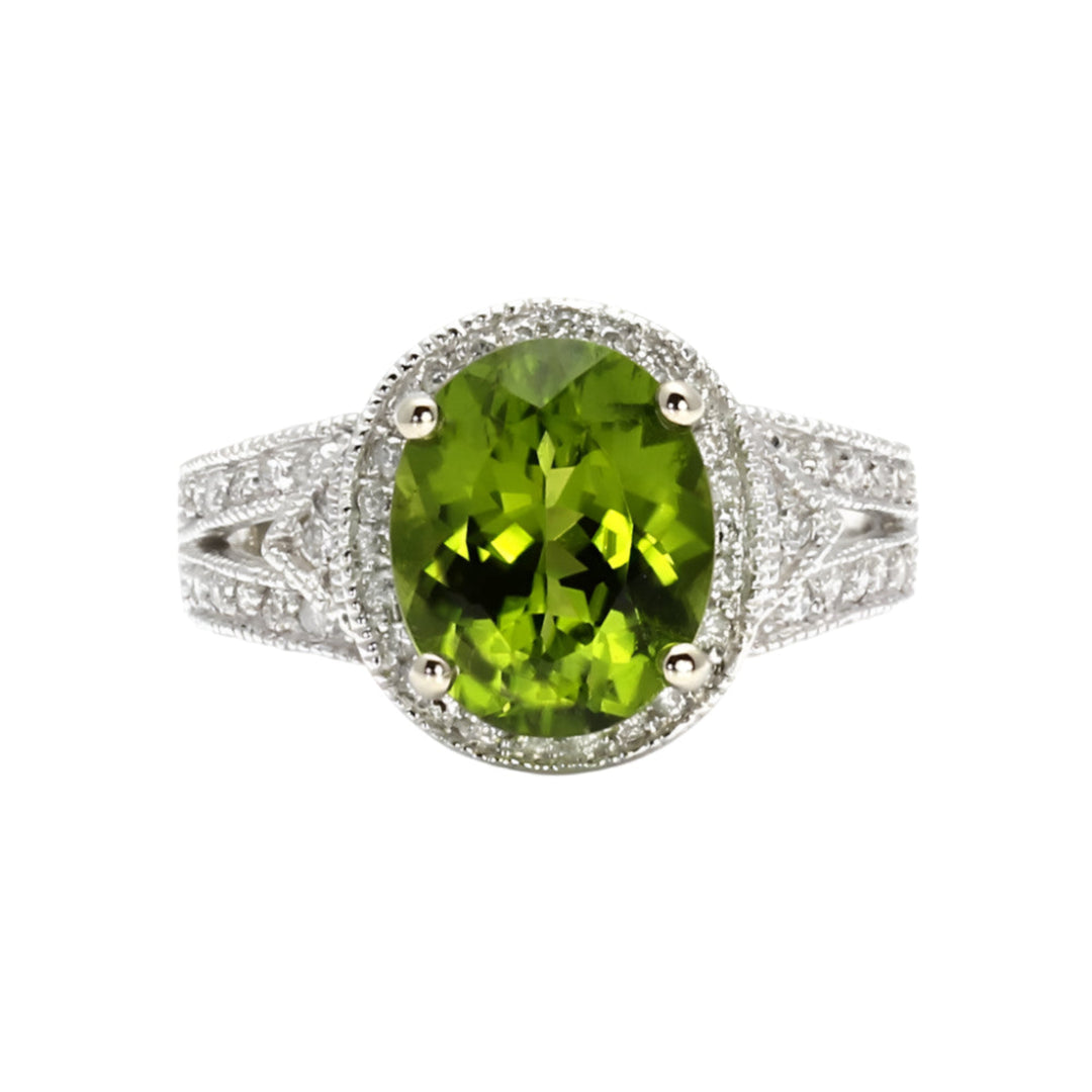 Vintage Peridot Ring, 3ct Oval Natural Peridot with Diamond Accents, Art Deco Design | Rare Earth Jewelry