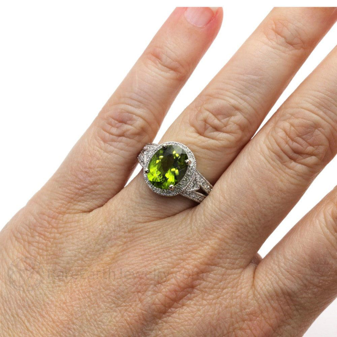Vintage Peridot Ring 3ct Oval with Diamonds Art Deco August