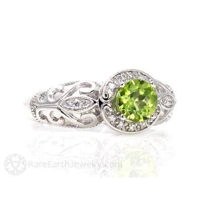 Vintage Style Peridot Ring Art Deco Diamond Halo August Birthstone Ring  from Rare Earth Jewelry