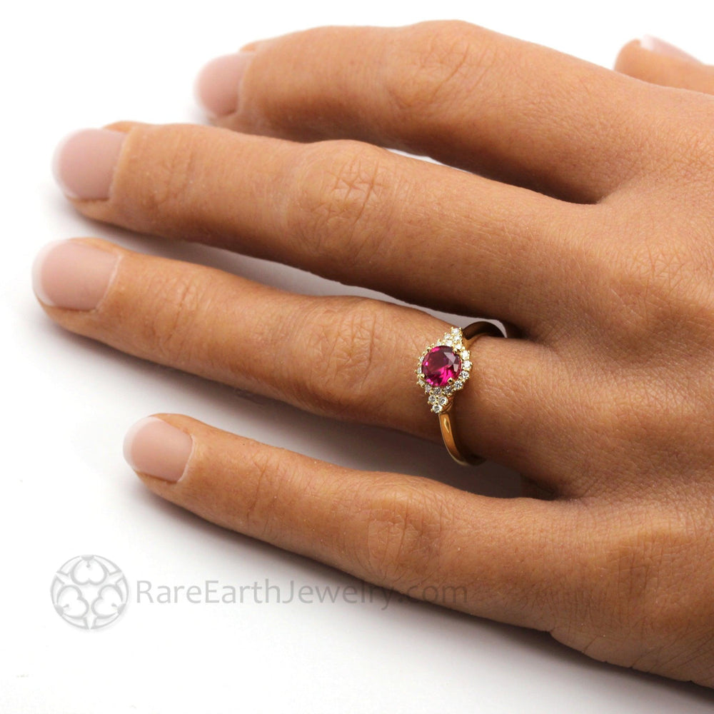 Vintage Ruby Engagement Ring shown on the Hand,  Round Ruby and Diamond Ring , Custom Engagement Rings | Rare Earth Jewelry