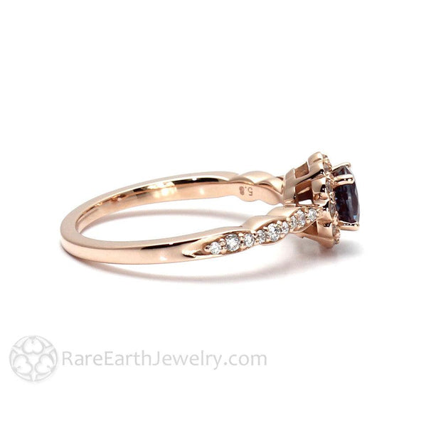 Vintage Style Alexandrite Ring Diamond Halo June Birthstone 14K Rose Gold - Rare Earth Jewelry
