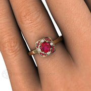 Vintage Style Art Deco Ruby Ring or Engagement with Diamonds 14K Rose Gold - Rare Earth Jewelry