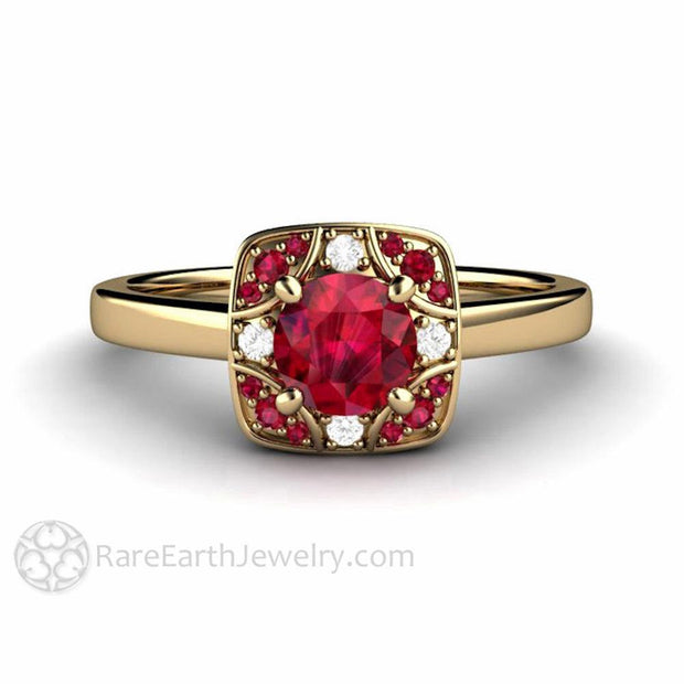 An Art Deco Style Natural Ruby Ring with Diamonds,  Vintage Style Ruby Engagement Ring in Gold or Platinum from Rare Earth Jewelry.