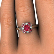 Vintage Style Art Deco Ruby Ring or Engagement with Diamonds 18K White Gold - Rare Earth Jewelry