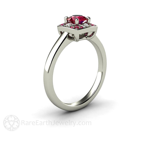 Vintage Style Art Deco Ruby Ring or Engagement with Diamonds 18K White Gold - Rare Earth Jewelry