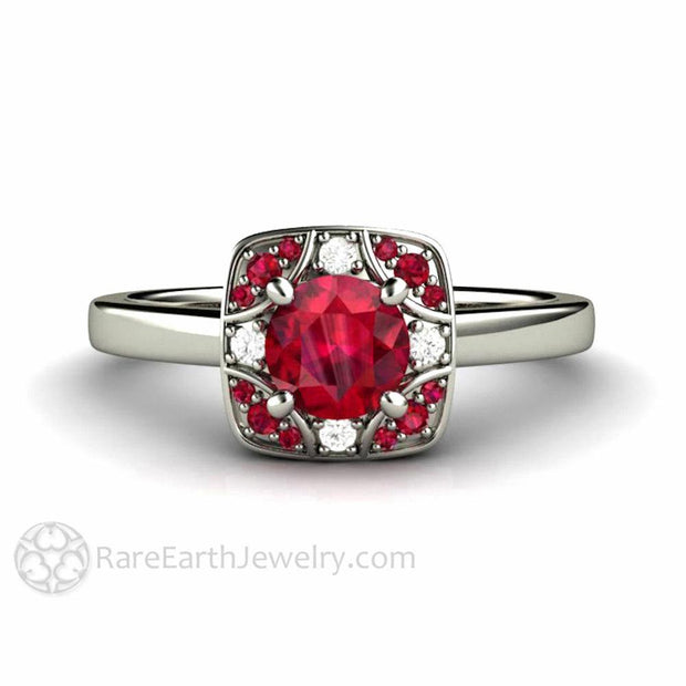 Vintage Style Art Deco Ruby Ring or Engagement with Diamonds 14K White Gold - Rare Earth Jewelry