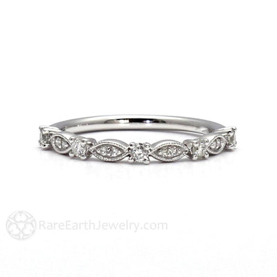 Antique Style Diamond Wedding Band or Stacking Ring with Milgrain 14K White Gold - Rare Earth Jewelry