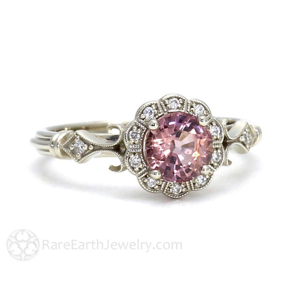 Art Deco Pink Spinel Ring Vintage Engagement with Milgrain and Diamond Halo 14K White Gold - Rare Earth Jewelry