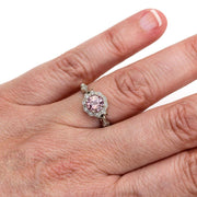 Art Deco Pink Spinel Ring Vintage Engagement with Milgrain and Diamond Halo on the Hand - Rare Earth Jewelry