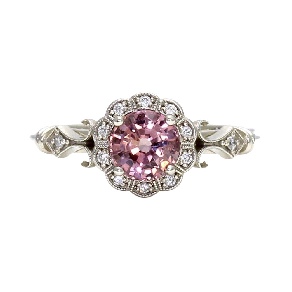 Art Deco Pink Spinel Ring Vintage Engagement with Milgrain and Diamond Halo 18K White Gold - Rare Earth Jewelry