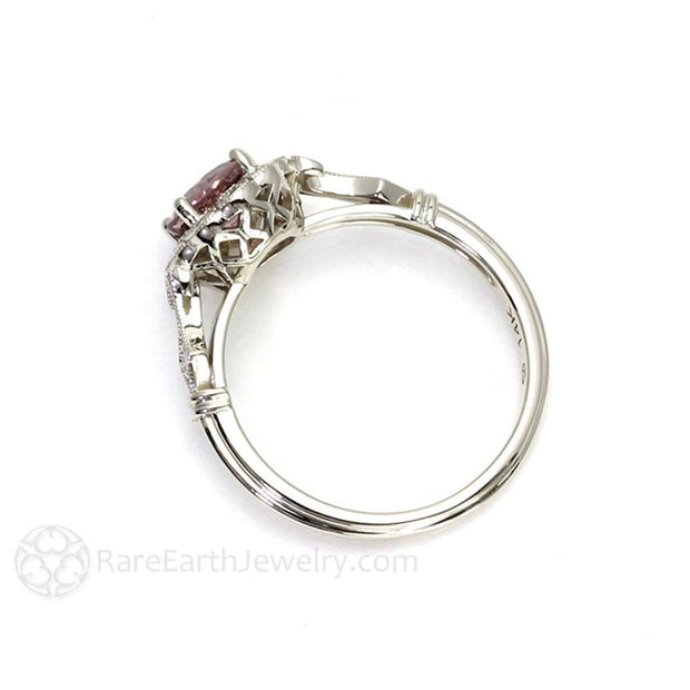 Art Deco Pink Spinel Ring Vintage Engagement with Milgrain and Diamond Halo Platinum - Rare Earth Jewelry