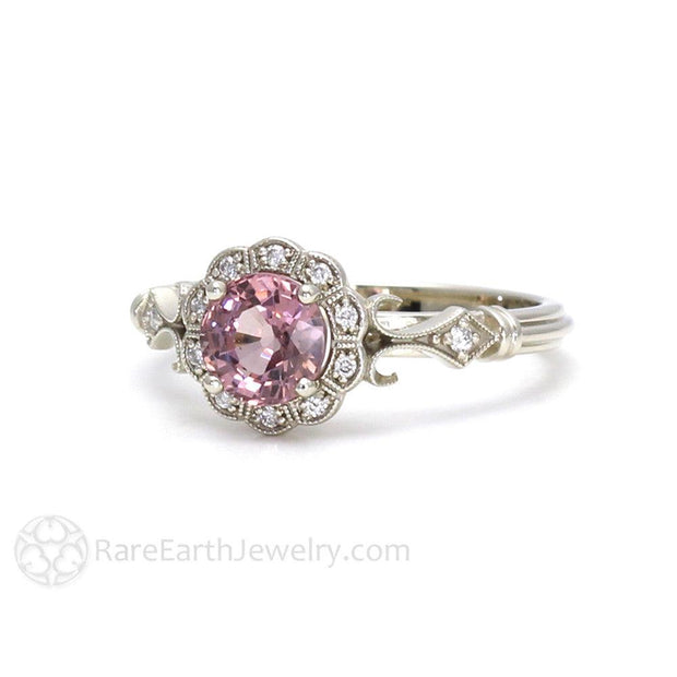 Art Deco Pink Spinel Ring Vintage Engagement with Milgrain and Diamond Halo  - Rare Earth Jewelry