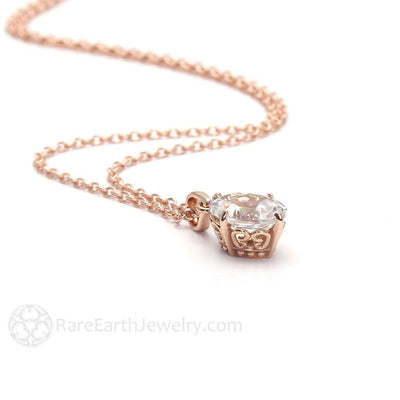 Vintage Style Filigree Pendant with Oval White Topaz Rose Gold Necklace 14K Rose Gold - Rare Earth Jewelry