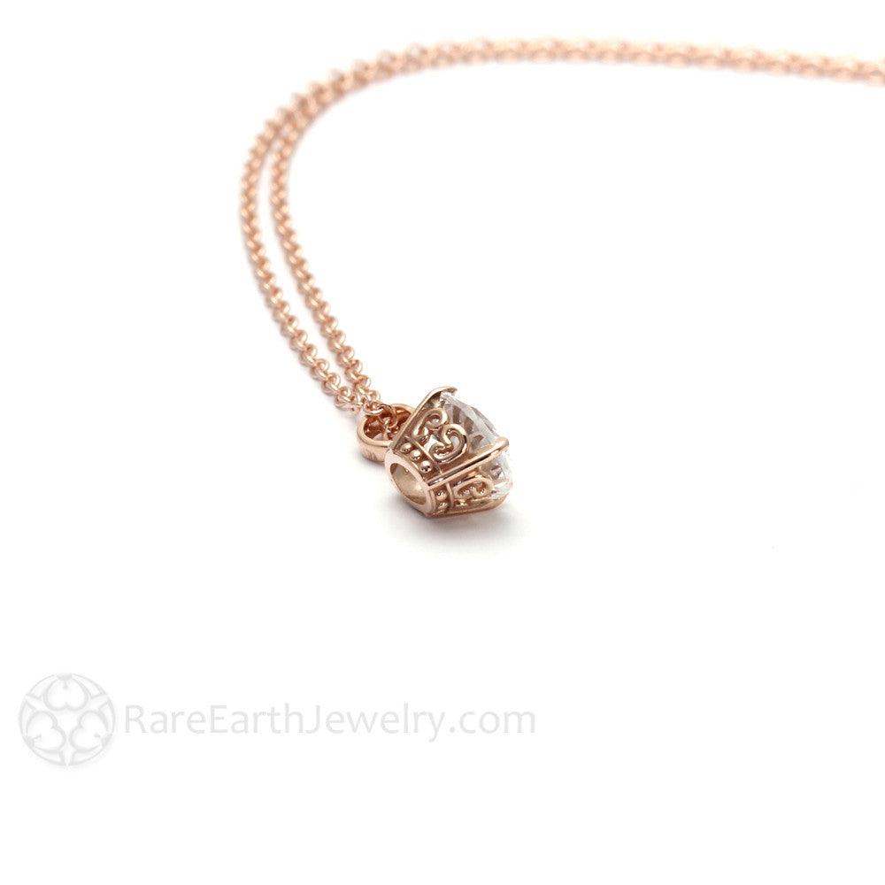 Vintage Style Filigree Pendant with Oval White Topaz Rose Gold Bridal Necklace, Rare Earth Jewelry