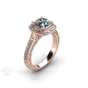 Vintage Style Forever One Moissanite Engagement Ring Art Deco Diamond Halo Design 18K Rose Gold - Engagement Only - Rare Earth Jewelry
