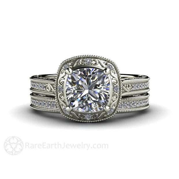 Vintage Style Forever One Moissanite Engagement Ring Art Deco Diamond Halo Design 14K White Gold - Wedding Set - Rare Earth Jewelry
