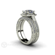 Vintage Style Forever One Moissanite Engagement Ring Art Deco Diamond Halo Design 18K White Gold - Wedding Set - Rare Earth Jewelry