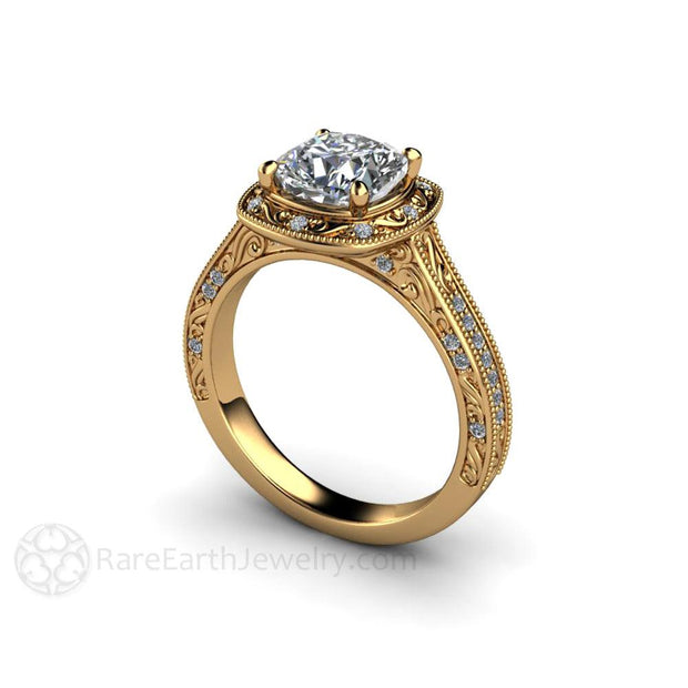 Vintage Style Forever One Moissanite Engagement Ring Art Deco Diamond Halo Design 18K Yellow Gold - Engagement Only - Rare Earth Jewelry