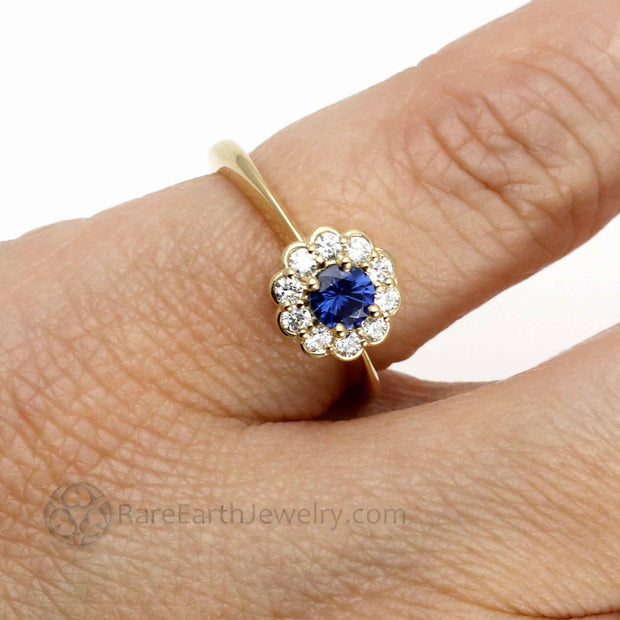 Vintage Style Natural Blue Sapphire Engagement Ring with Diamonds 14K Yellow Gold - Rare Earth Jewelry