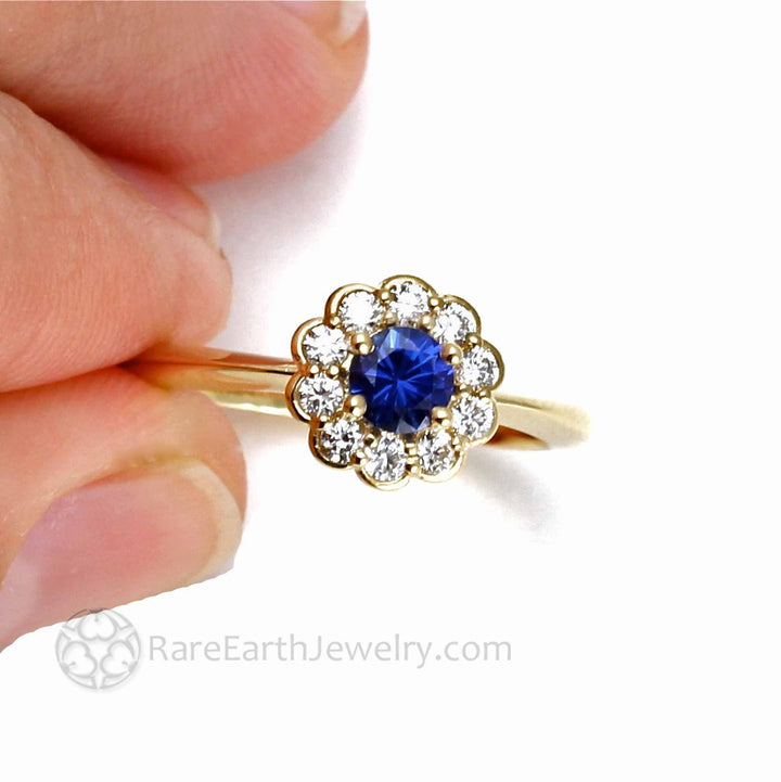 Vintage Style Natural Blue Sapphire Engagement Ring with Diamonds - Rare Earth Jewelry