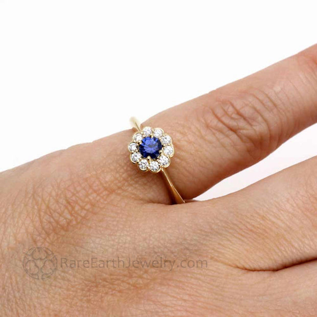 Vintage Style Natural Blue Sapphire Engagement Ring with Diamonds 14K Yellow Gold - Rare Earth Jewelry