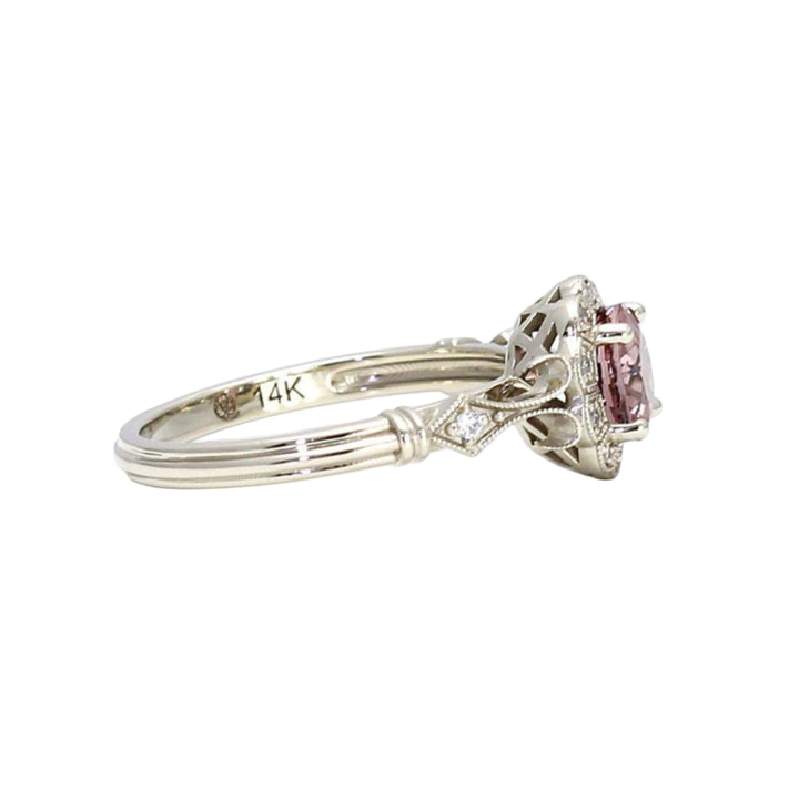 Vintage Style Pink Spinel Engagement Ring with Diamond Halo Side View, Natural Pink Gemstone Ring with Art Deco Design, Unique Engagement Ring from Rare Earth Jewelry