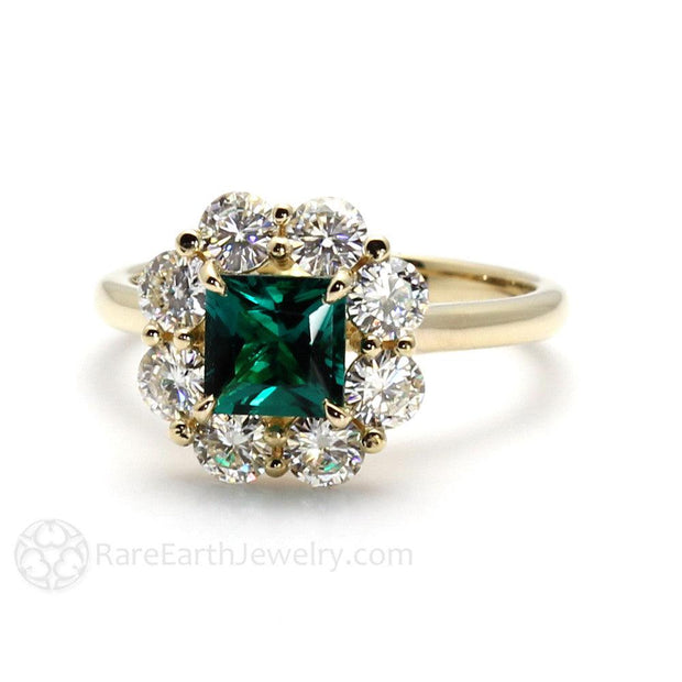 Vintage Style Princess Cut Emerald Ring Claw Prong with Halo - Rare ...