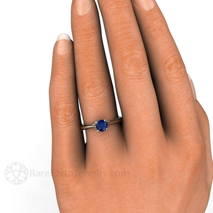 Vintage Style Round Blue Sapphire Engagement Ring, Natural Ceylon Sapphire Ring on the Hand Shot | Rare Earth Jewelry