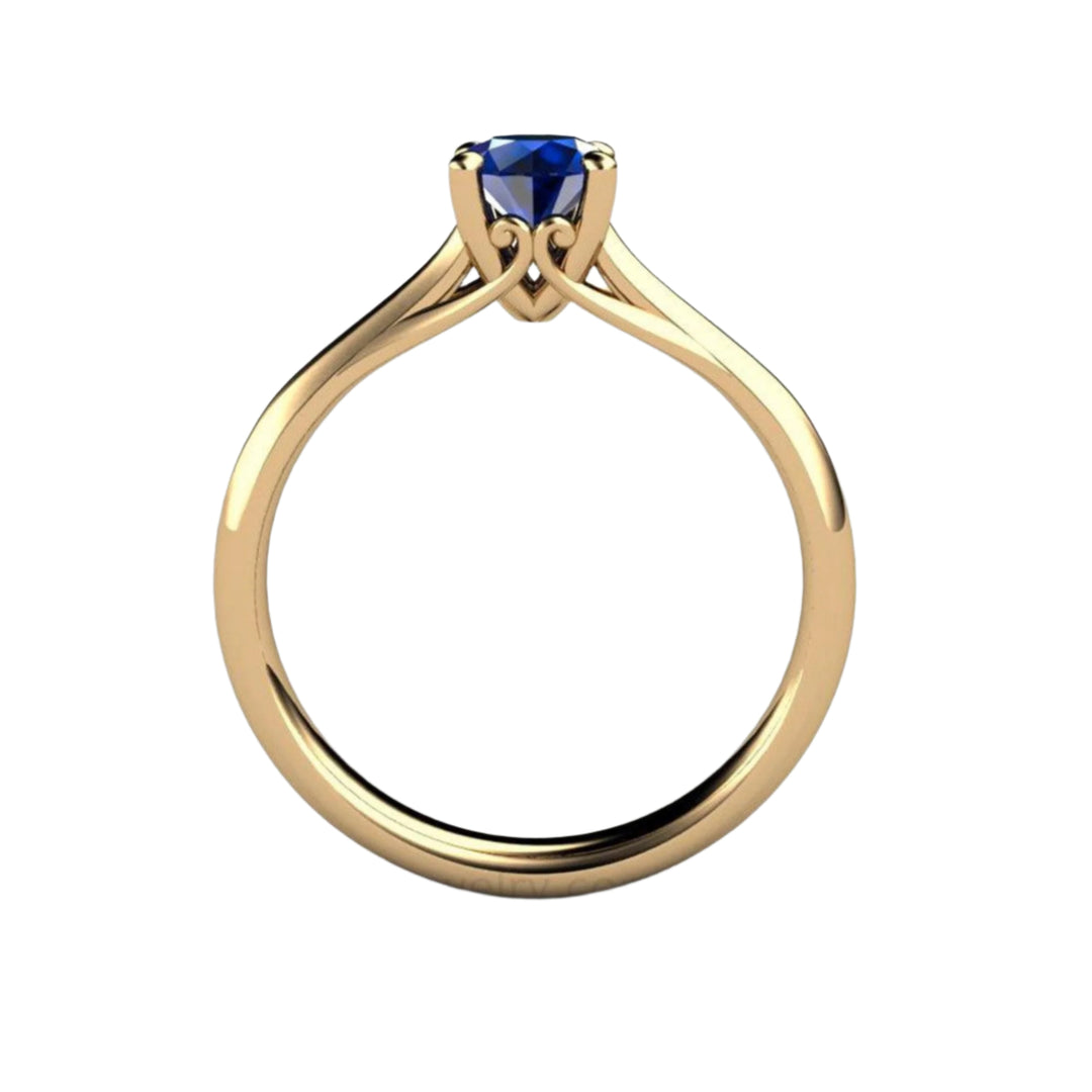  Round Ceylon Blue Sapphire Engagement Ring in Yellow Gold, Sri Lankan Sapphire Ring, Vintage Inspired Solitaire Design with Filigree | Rare Earth Jewelry