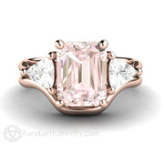 Vintage Style Three Stone Morganite Engagement Ring with Trillions 14K Rose Gold - Wedding Set - Rare Earth Jewelry