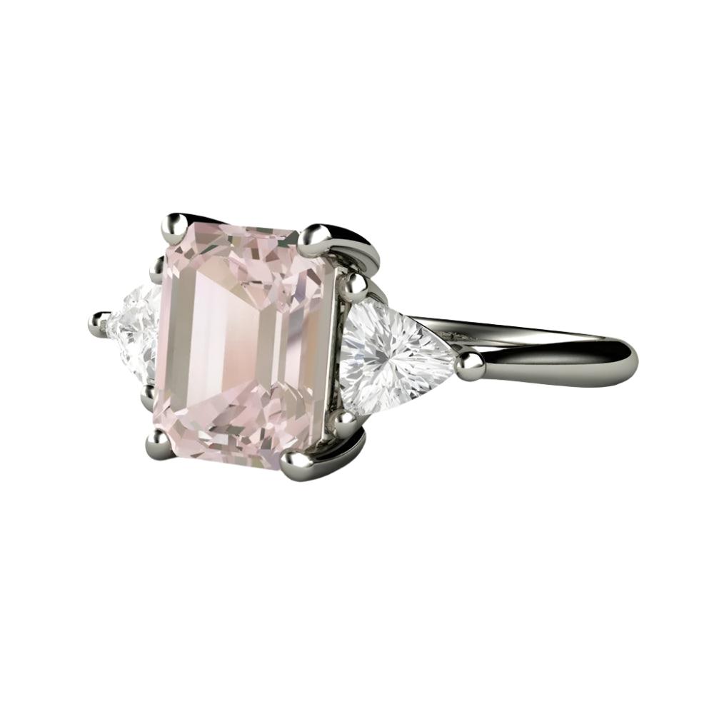 Natural Morganite Engagement Ring Emerald Cut 3 Stone Style with Trillions - Rare Earth Jewelry