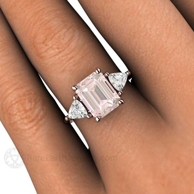 Vintage Style Three Stone Morganite Engagement Ring with Trillions 14K White Gold - Wedding Set - Rare Earth Jewelry