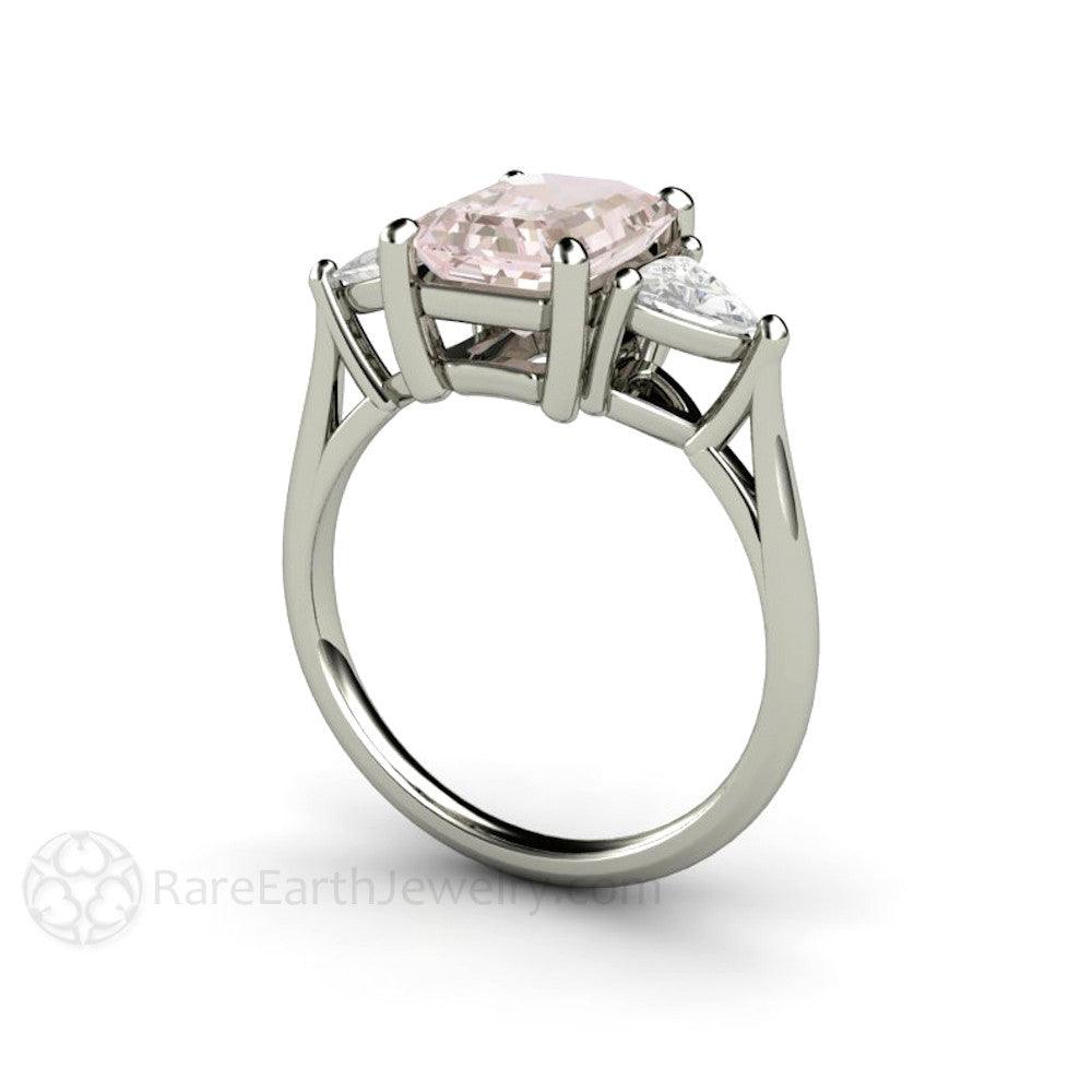 Vintage Style Three Stone Morganite Engagement Ring with Trillions 14K White Gold - Engagement Only - Rare Earth Jewelry