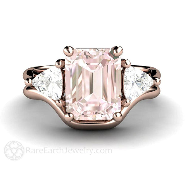 Vintage Style Three Stone Morganite Engagement Ring with Trillions 18K Rose Gold - Wedding Set - Rare Earth Jewelry