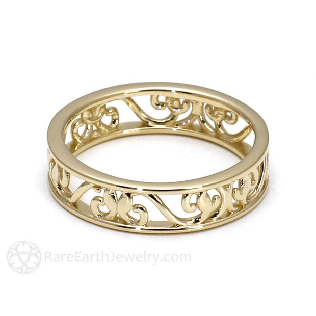 Vintage Style Wedding Ring 5mm Band with Filigree Scroll Design 18K Yellow Gold - Rare Earth Jewelry