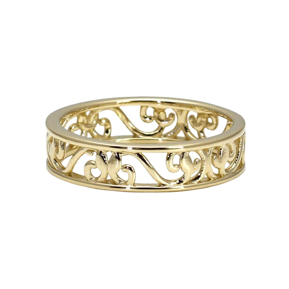 Vintage Style Wedding Ring 5mm Band with Filigree Scroll Design 14K Yellow Gold - Rare Earth Jewelry