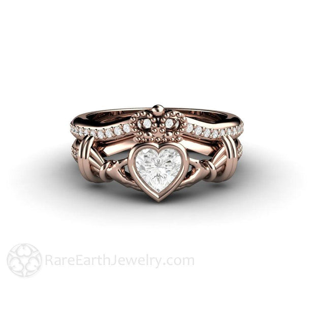 White Sapphire Claddagh Ring Irish Engagement Ring 18K Rose Gold - Wedding Set - Rare Earth Jewelry