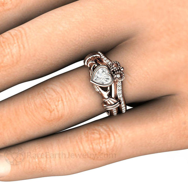 White Sapphire Claddagh Ring Irish Engagement Ring 18K Rose Gold - Wedding Set - Rare Earth Jewelry