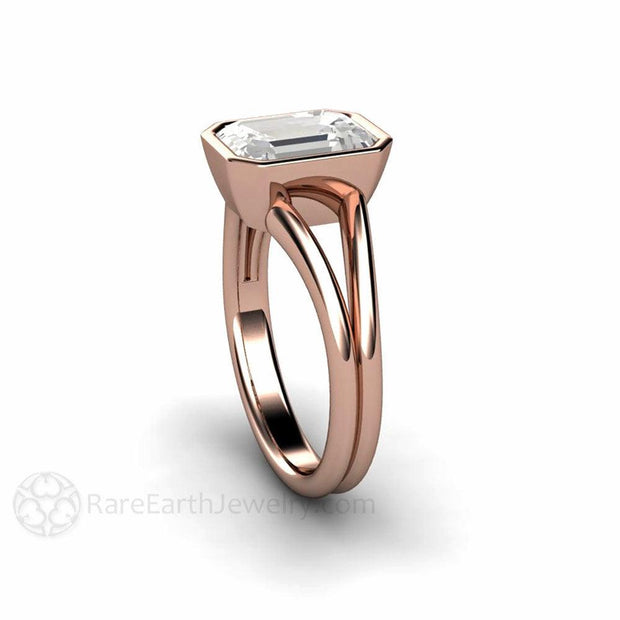 White Sapphire Ring Split Shank Solitaire Bezel Set Engagement Ring 18K Rose Gold - Rare Earth Jewelry