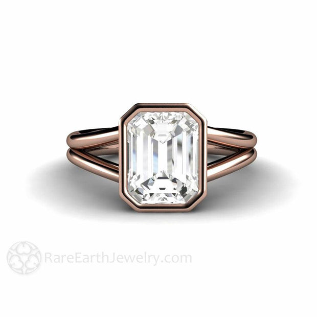 White Sapphire Ring Split Shank Solitaire Bezel Set Engagement Ring 14K Rose Gold - Rare Earth Jewelry