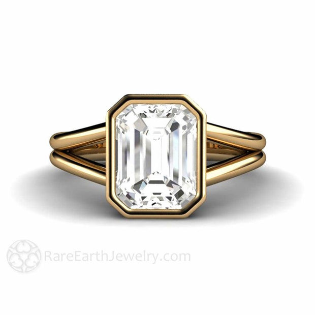 White Sapphire Ring Split Shank Solitaire Bezel Set Engagement Ring 14K Yellow Gold - Rare Earth Jewelry