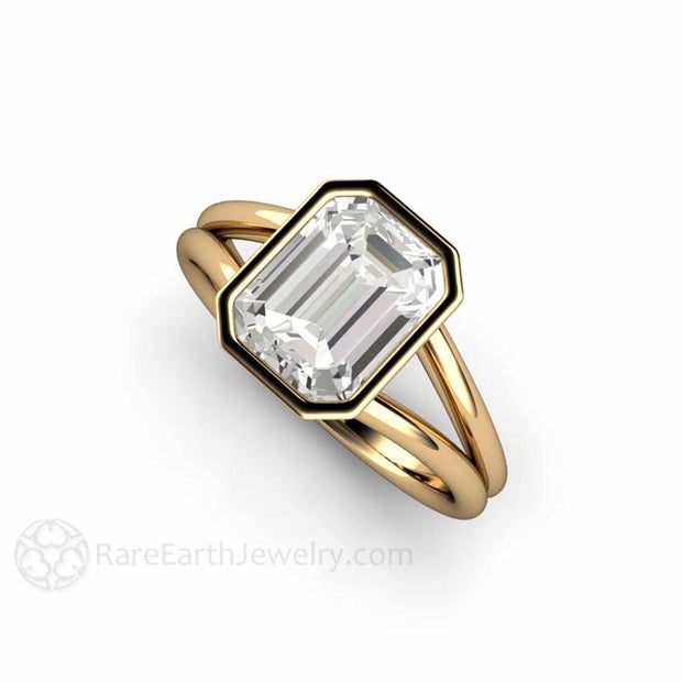 White Sapphire Ring Split Shank Solitaire Bezel Set Engagement Ring 18K Yellow Gold - Rare Earth Jewelry