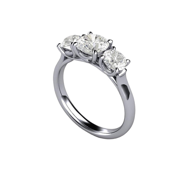A three stone moissanite engagement ring with a woven prong design in gold or platinum with Forever One Moissanite from Rare Earth Jewelry.